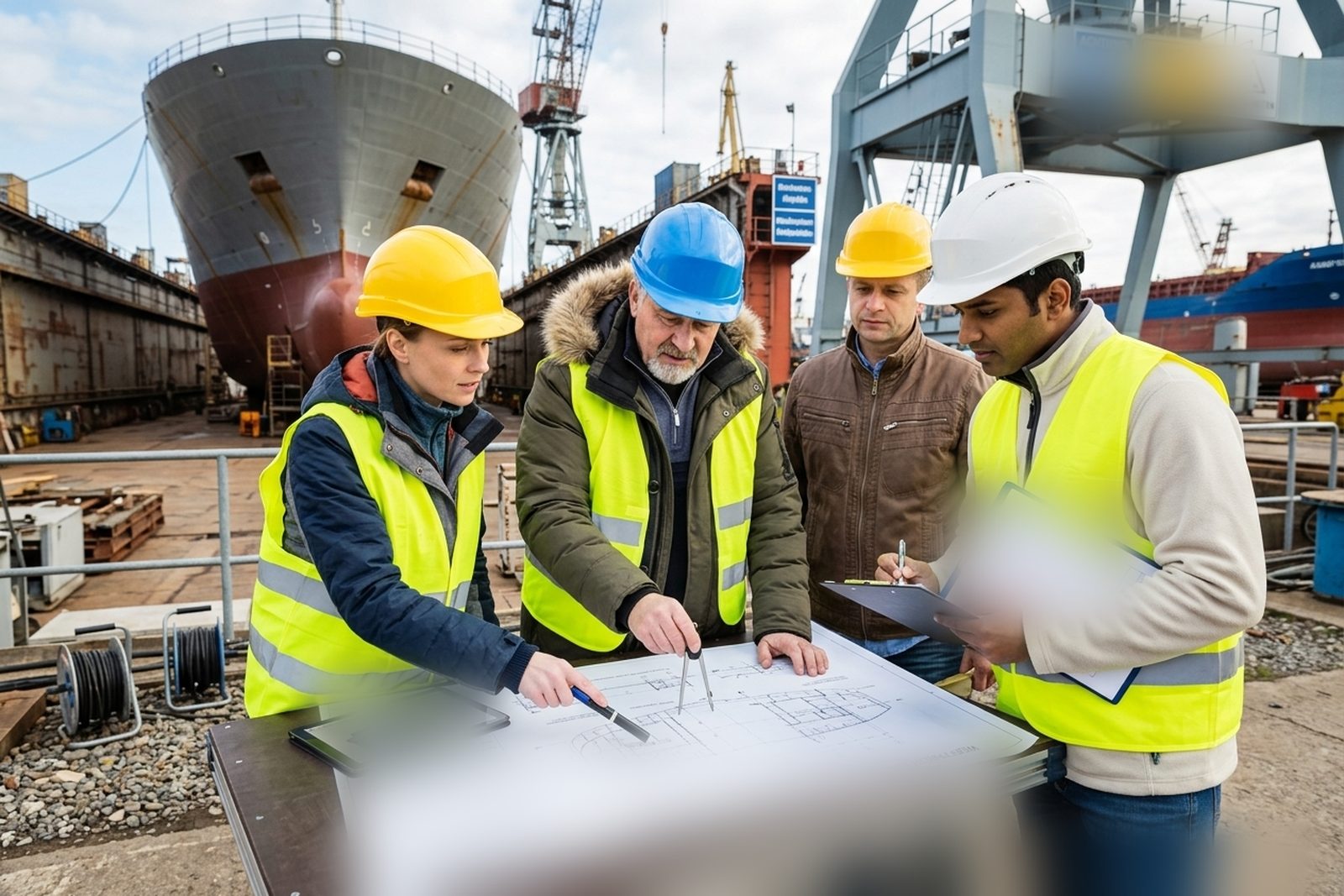 Symbolbild: Montageteam mit Helmen bespricht einen Plan auf einer Werft